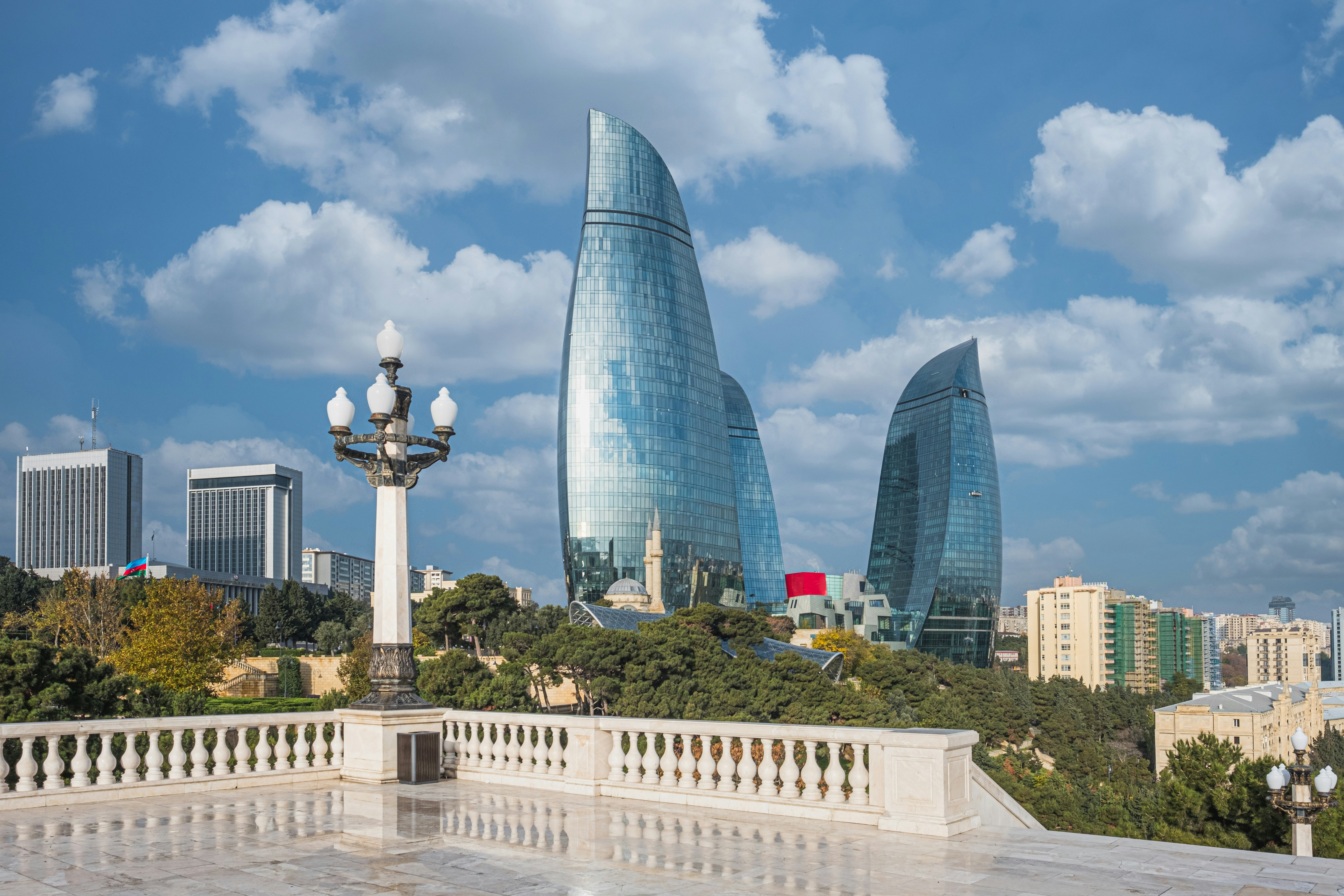 baku flame towers and caspian sea view
